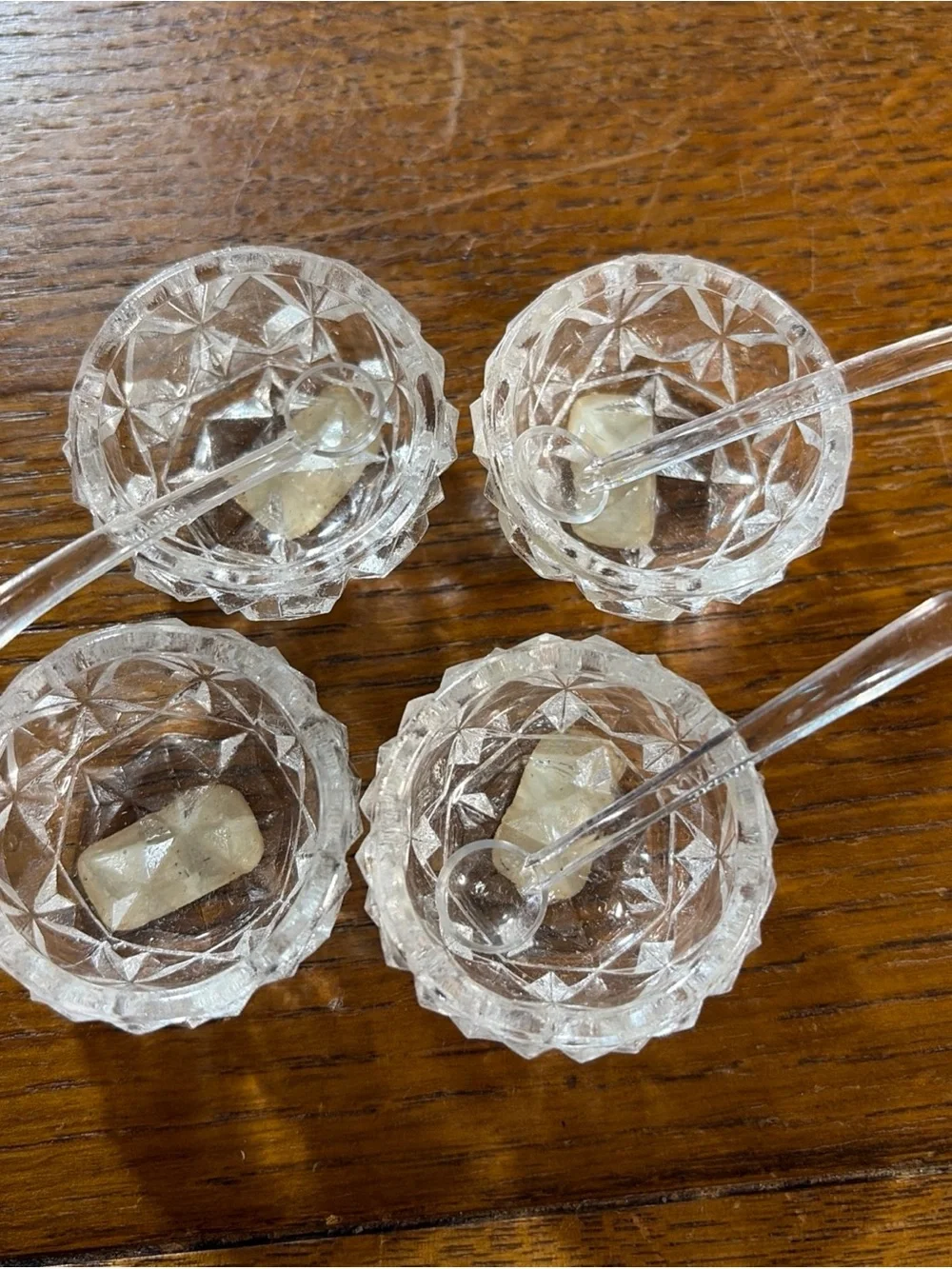 Vintage Viking 4 Pressed Glass Salt Cellars W/3 Mini Spoons-Japan-Diamond Cut